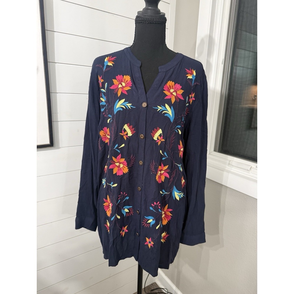 Soft Surroundings Navy Blue Embroidered Floral Tunic Button Up Top Blouse Large